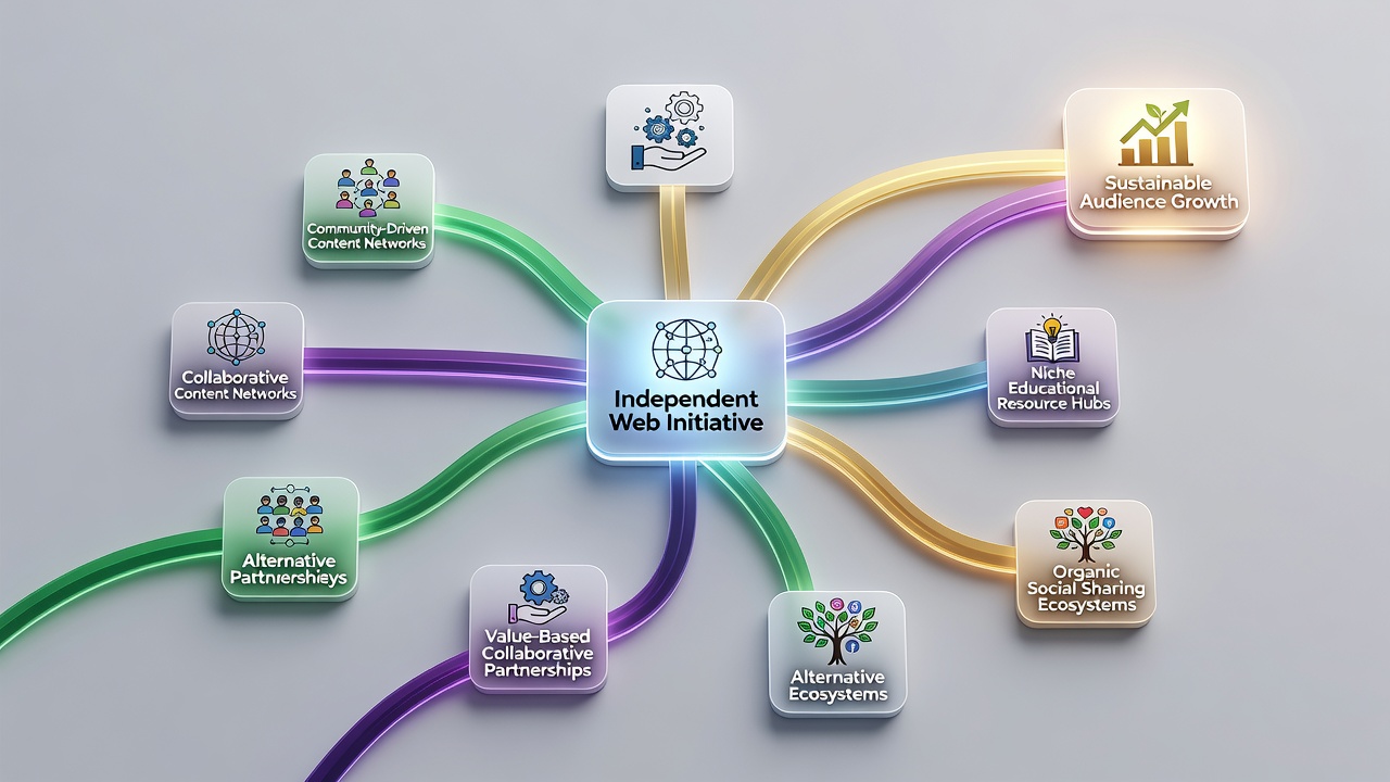 Illustration of collaborative networks among independent websites fostering audience growth
